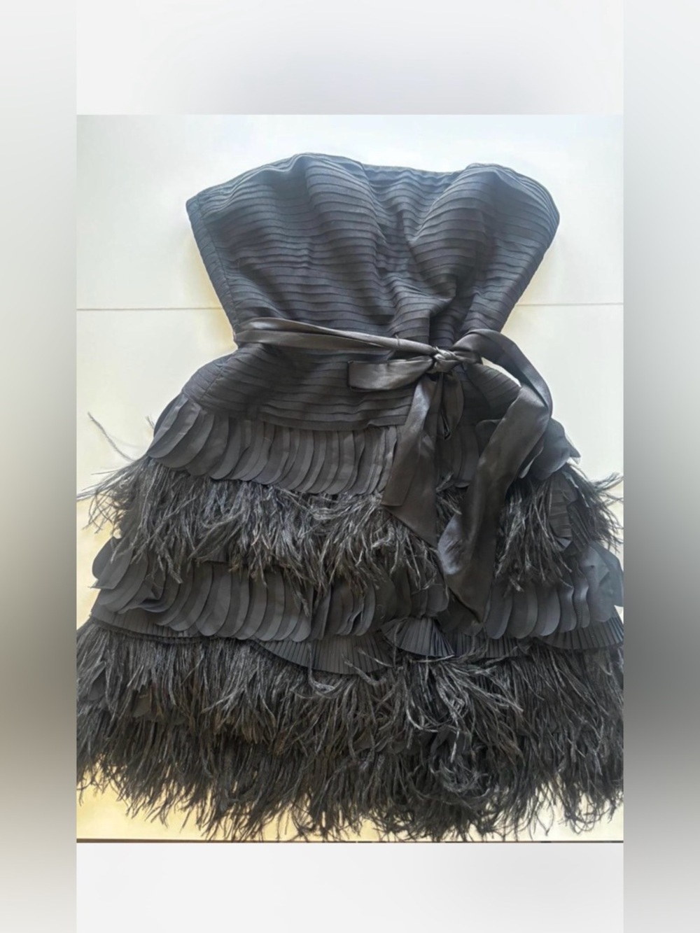 BCBG Strapless  Black Feather-Trim Dress with Satin Tie Y2K Party Evening
